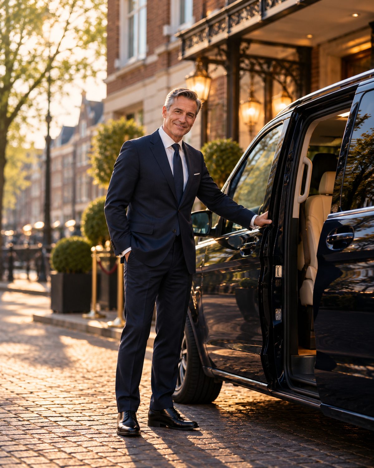 Portret van de chauffeur van Correct Vervoer in een donker pak, glimlachend naast het voertuig.