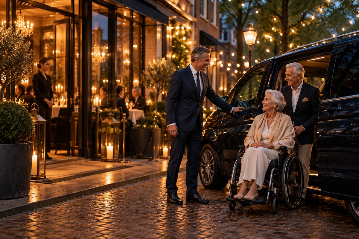 Een stel in nette kleding stapt uit bij een sfeervol verlicht restaurant.
