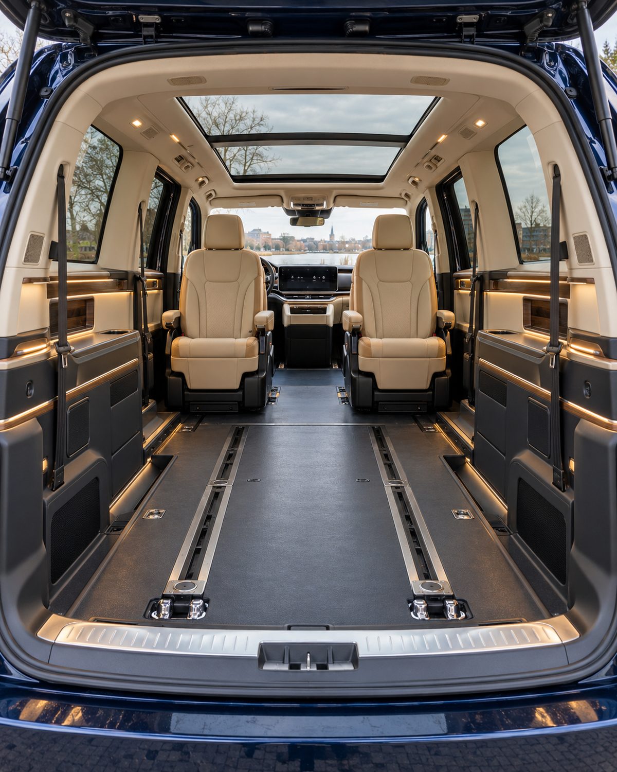 Interieur van het voertuig met ruime lederen stoelen, sfeerverlichting en vrije ruimte voor een rolstoel.