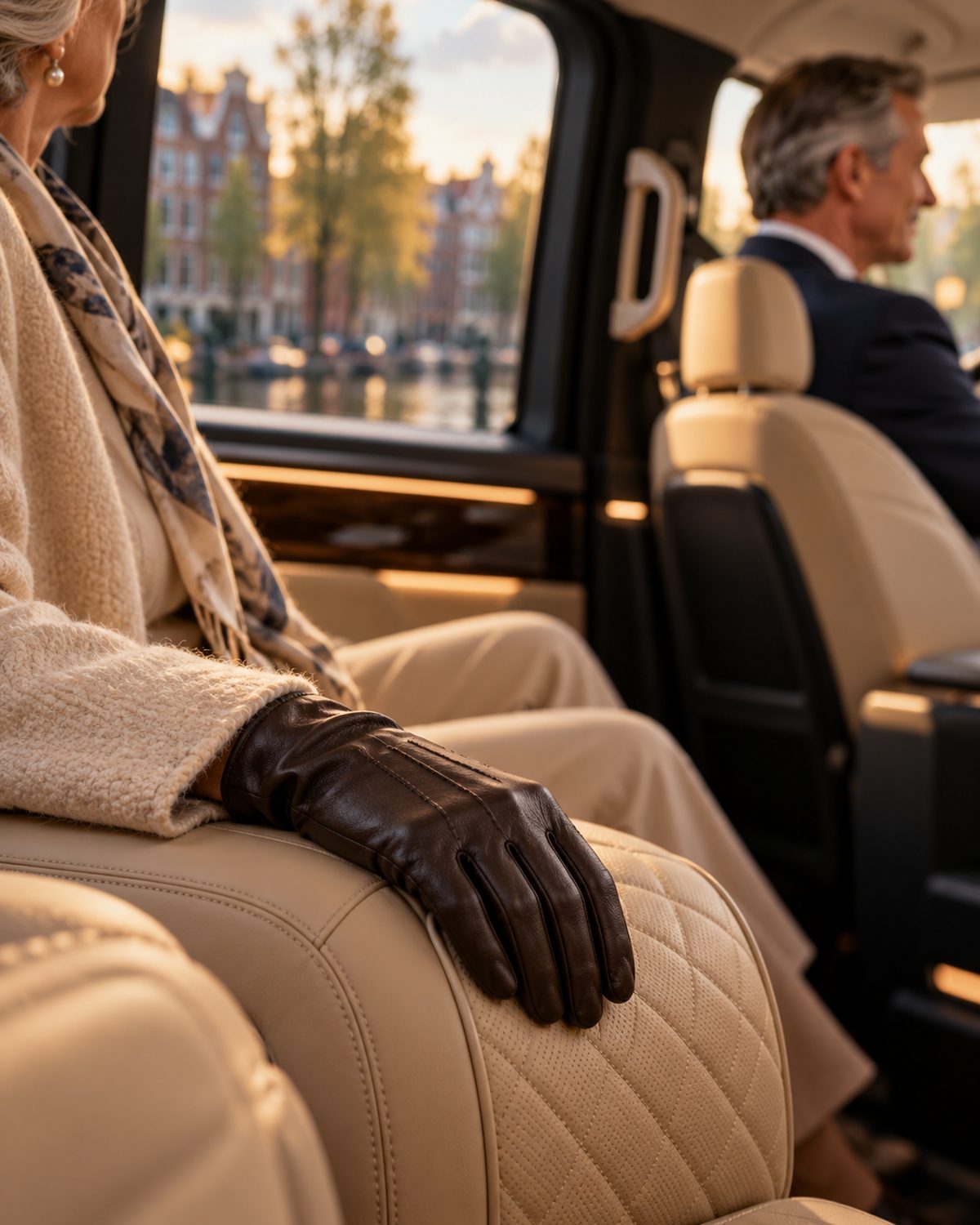 Detail van een verzorgd interieur: een hand in een handschoen rust op een lederen stoel.